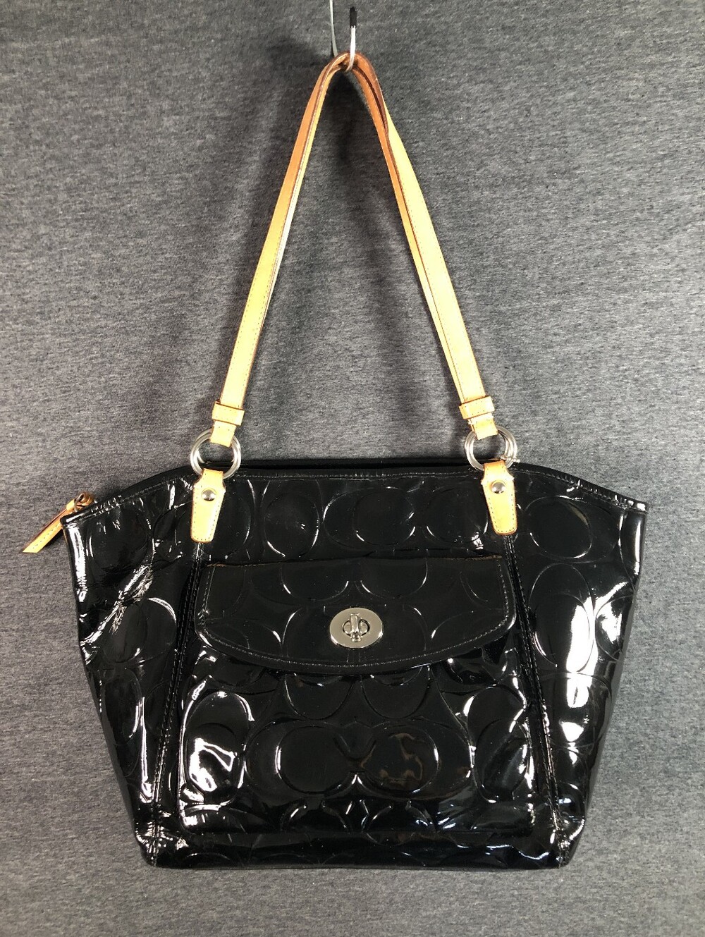 Coach "Leah" Signature Embossed Black Patent Leather Tote with Tan Handles. Y2K